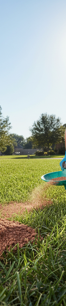 Homeowner applying granular fire ant bait to a lawn with visible fire ant mounds
