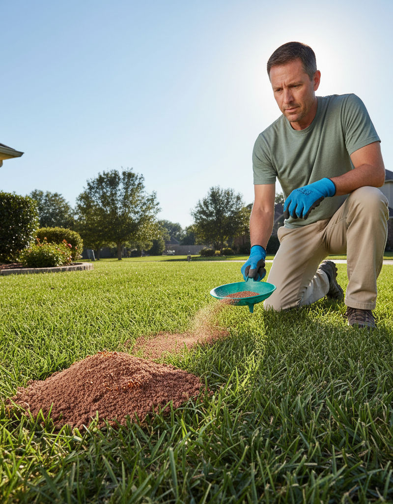 Homeowner applying granular fire ant bait to a lawn with visible fire ant mounds