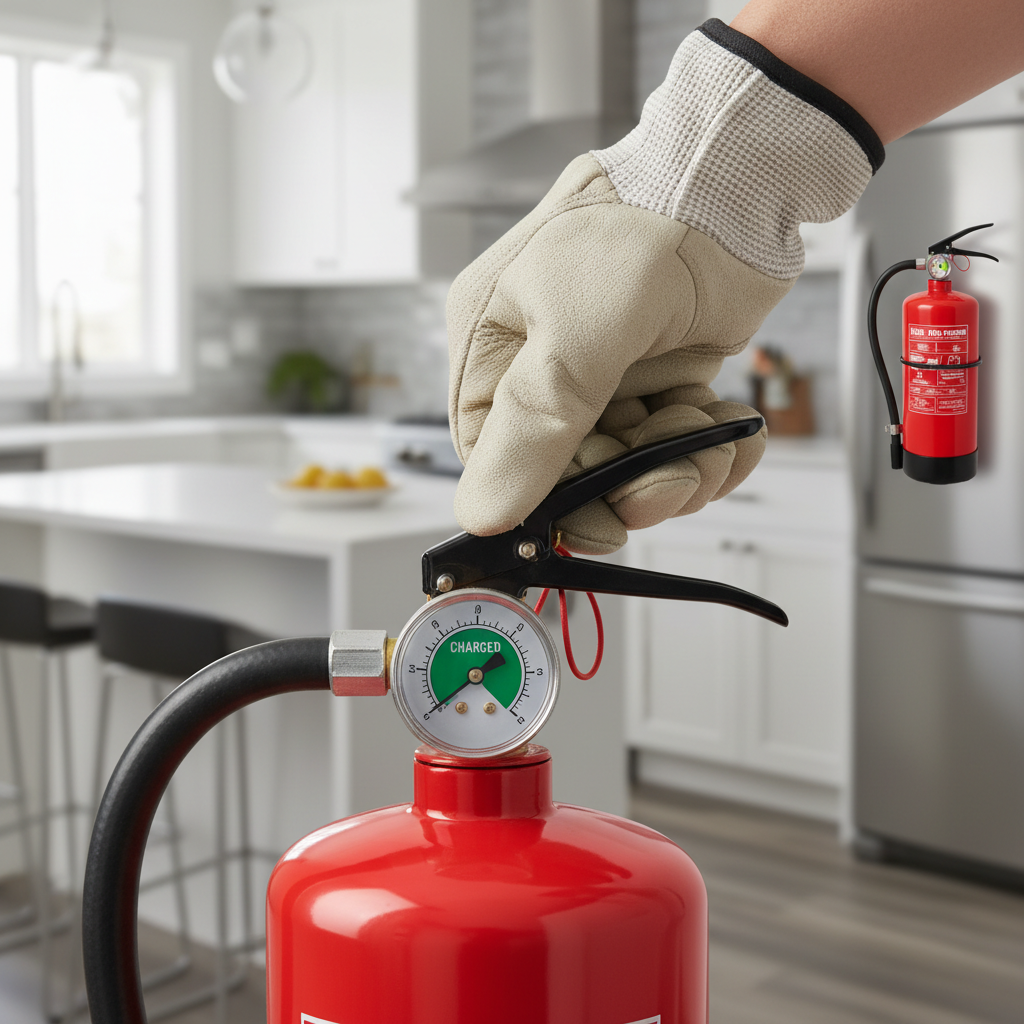 Homeowner checking the pressure gauge on a red fire extinguisher, showing it is charged.