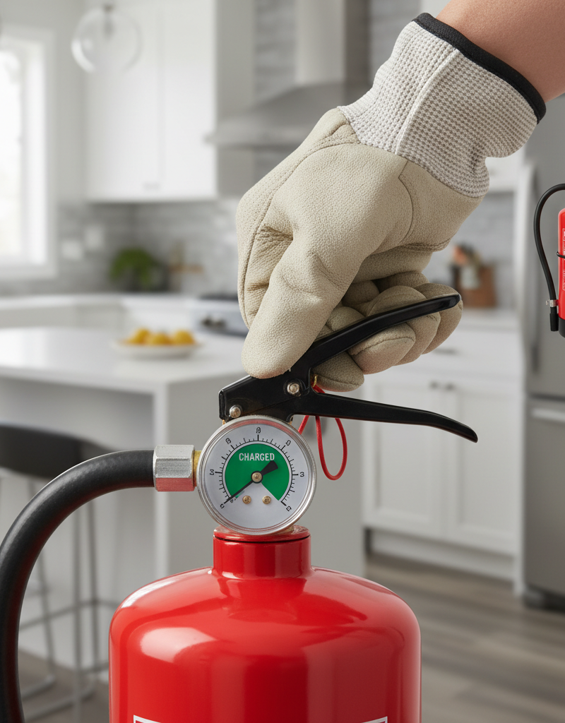 Homeowner checking the pressure gauge on a red fire extinguisher, showing it is charged.