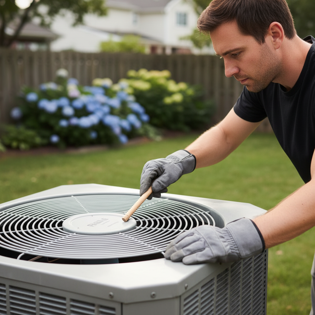 Homeowner push-starting AC condenser fan with a stick