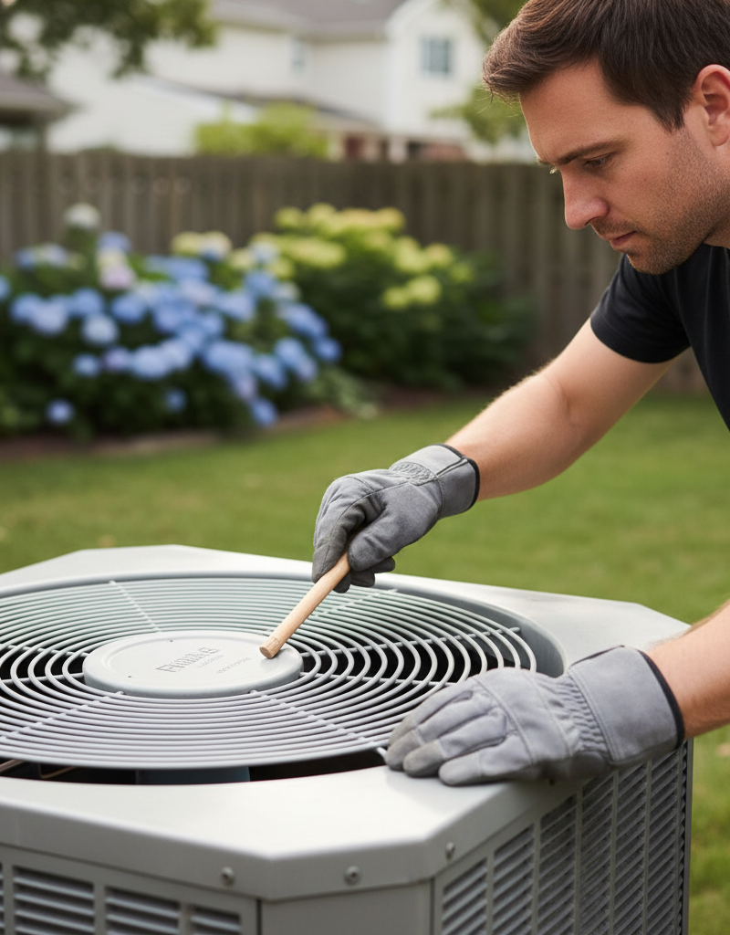 Homeowner push-starting AC condenser fan with a stick