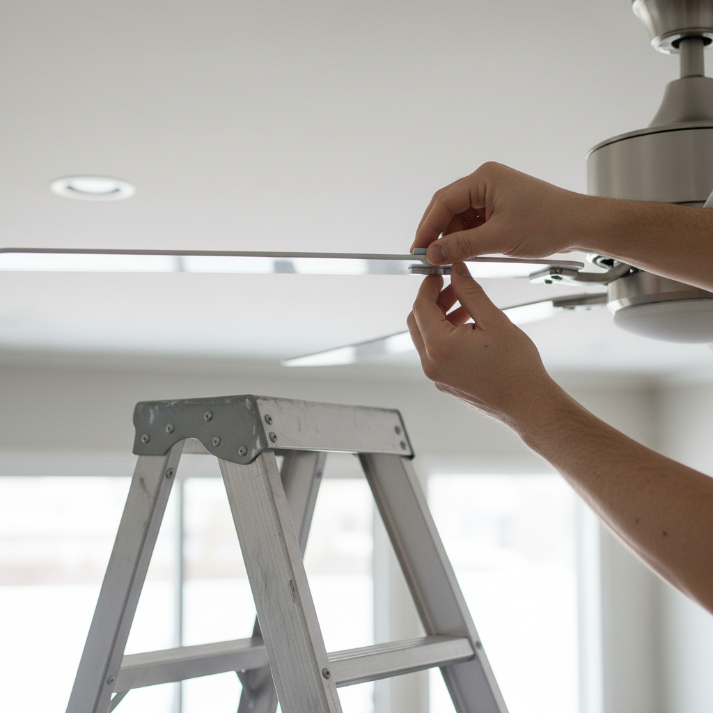 Homeowner applying an adhesive balancing weight to a ceiling fan blade to fix a wobble.