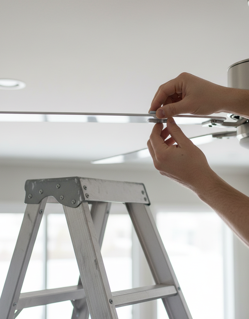 Homeowner applying an adhesive balancing weight to a ceiling fan blade to fix a wobble.