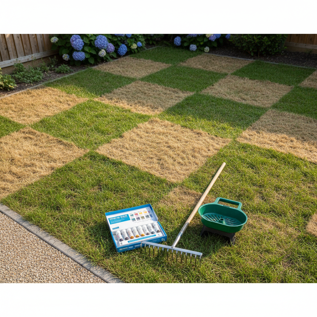 Drone view of a patchy checkerboard lawn with brown and green sections, with tools in the foreground.