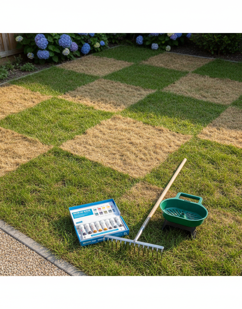 Drone view of a patchy checkerboard lawn with brown and green sections, with tools in the foreground.