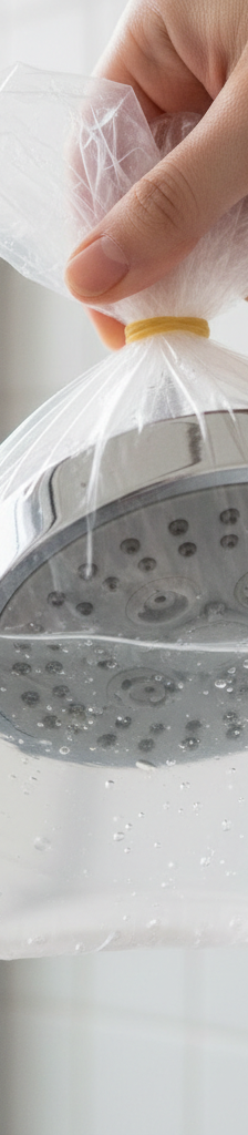 Plastic bag with white vinegar soaking a chrome shower head to remove hard water buildup