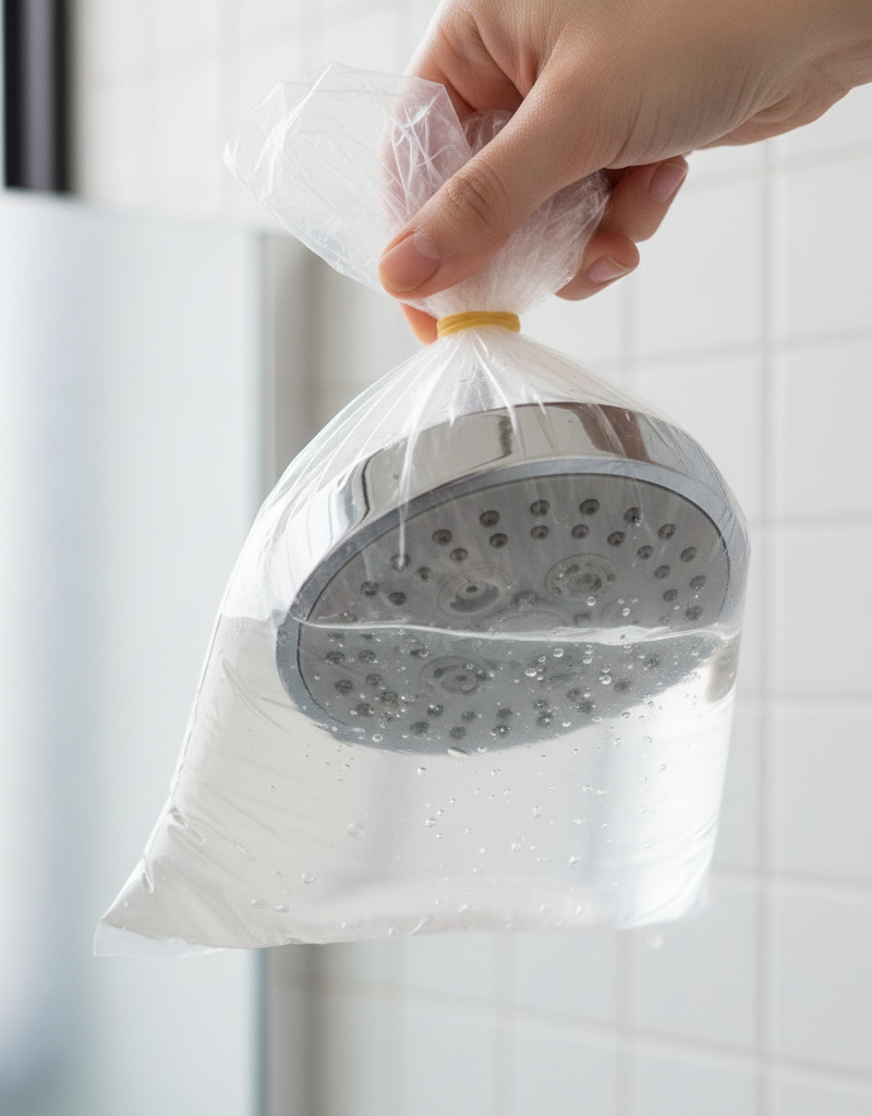 Plastic bag with white vinegar soaking a chrome shower head to remove hard water buildup