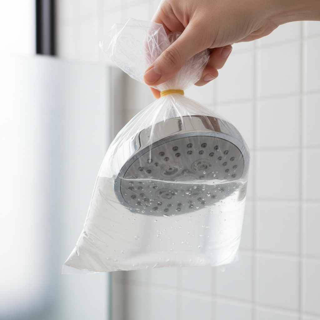 Plastic bag with white vinegar soaking a chrome shower head to remove hard water buildup