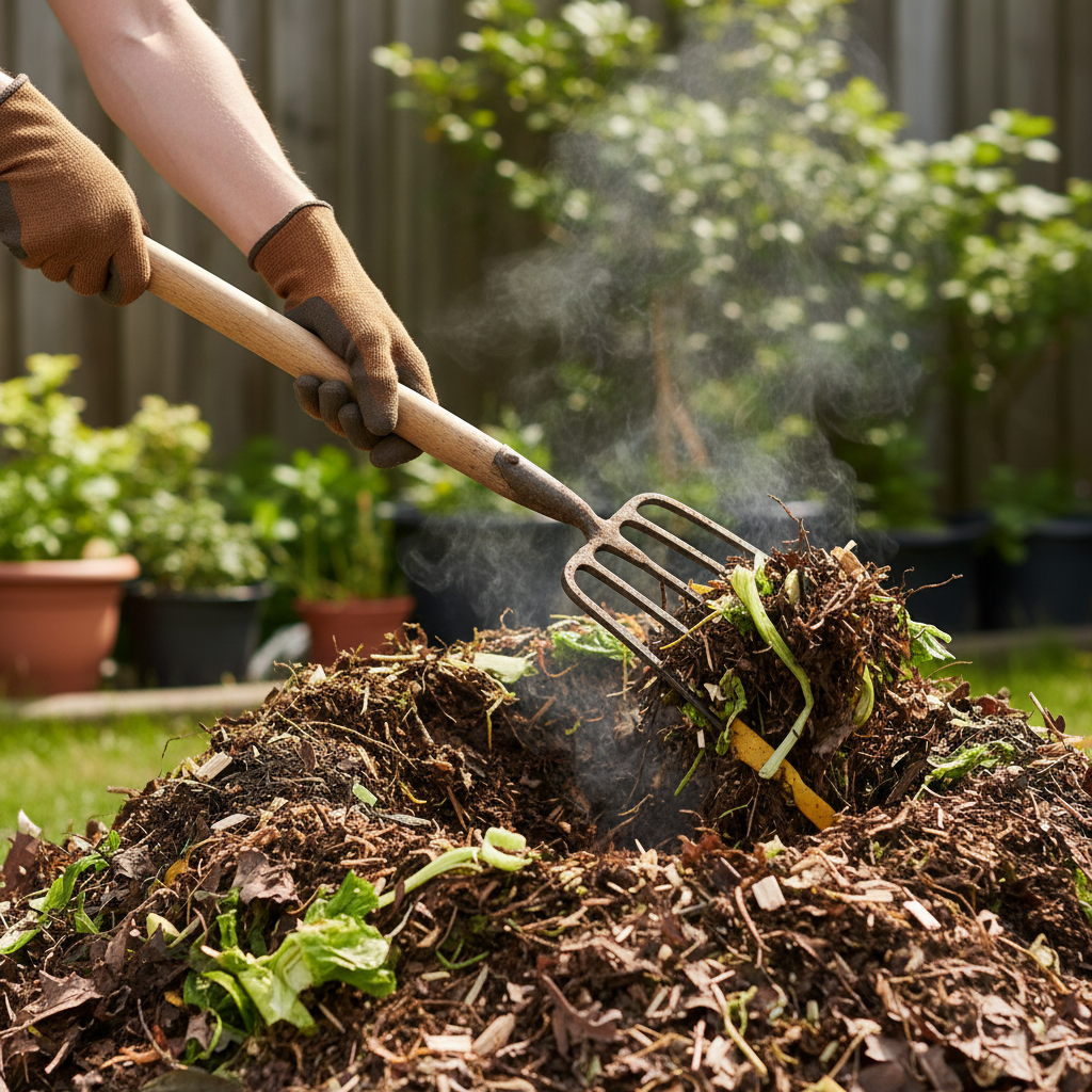 Hands turning a rich, steamy compost pile with a pitchfork in a backyard garden.