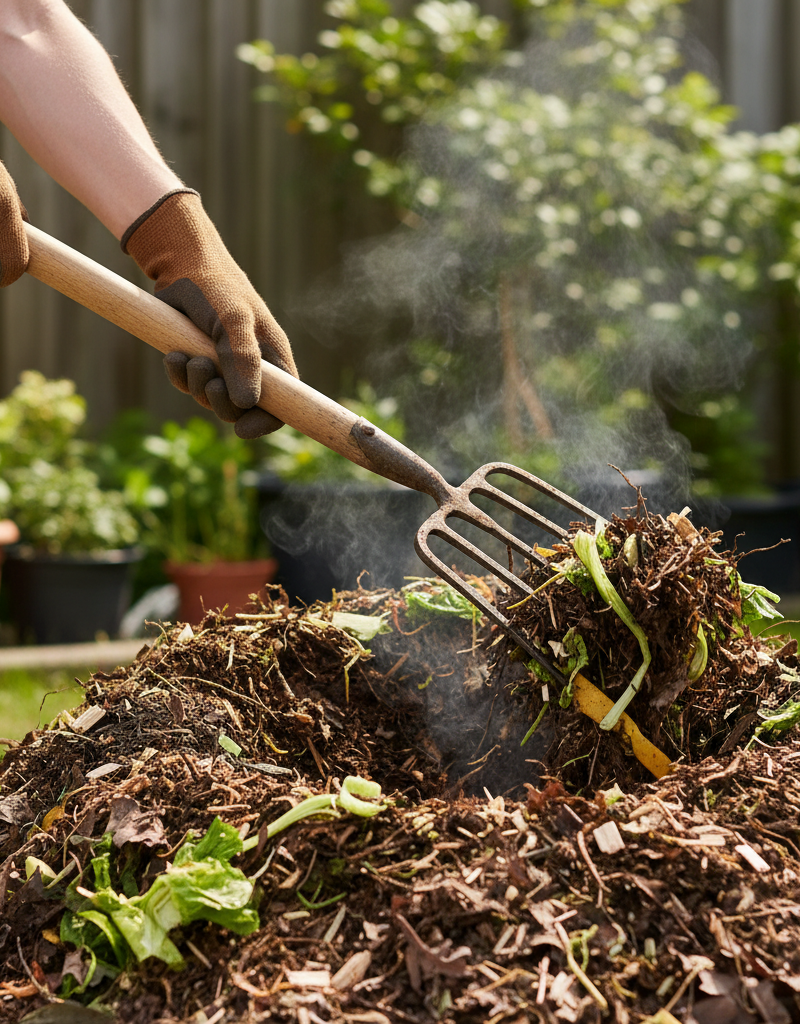Hands turning a rich, steamy compost pile with a pitchfork in a backyard garden.