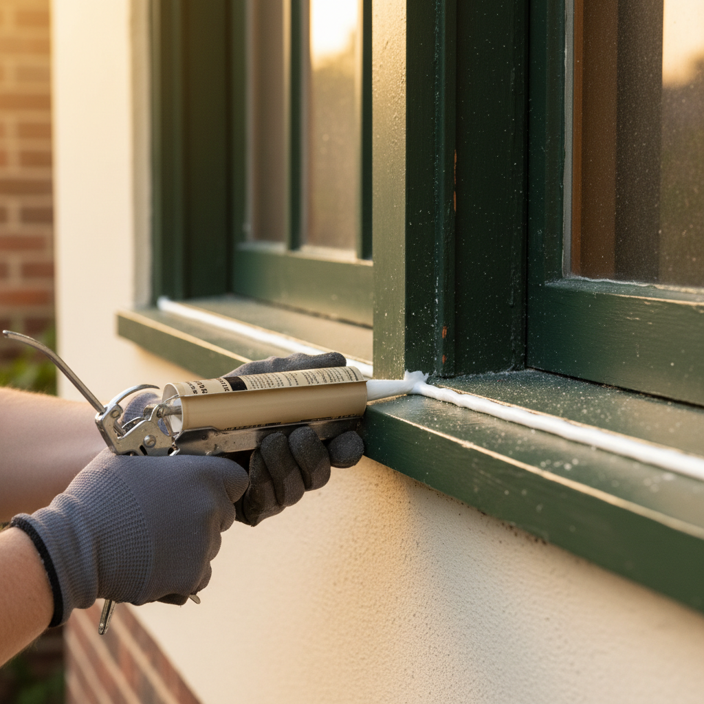 Homeowner applying caulk to seal a drafty window frame.