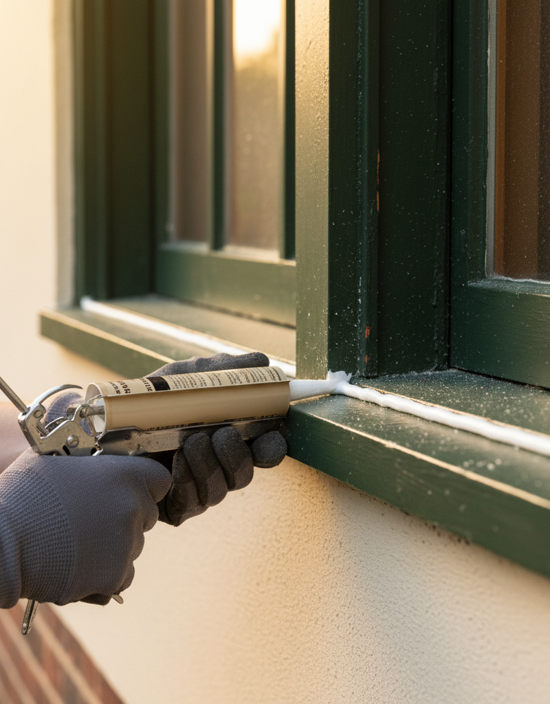 Homeowner applying caulk to seal a drafty window frame.
