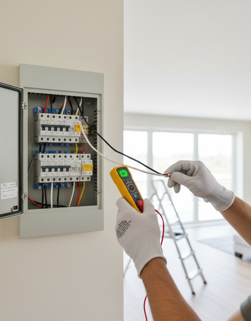 Homeowner checking light fixture wiring for loose connections with a voltage tester.