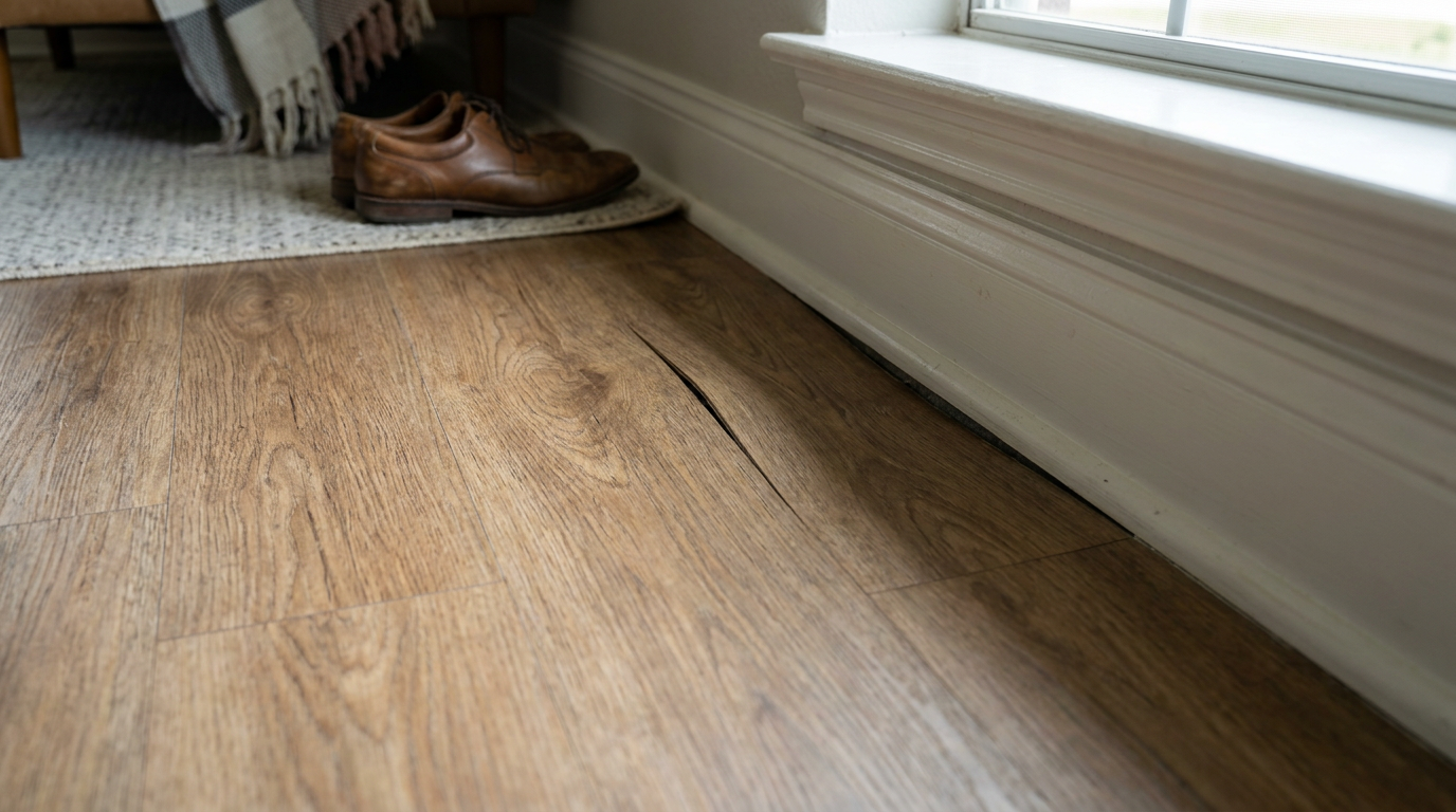 Close-up of luxury vinyl plank flooring deflecting downward near baseboard under pressure