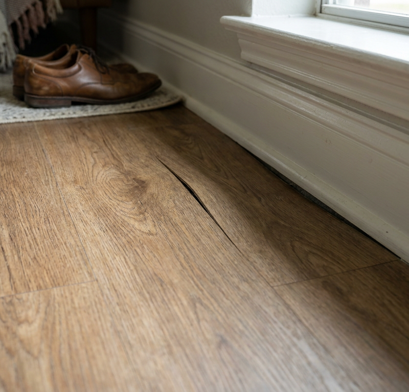 Close-up of luxury vinyl plank flooring deflecting downward near baseboard under pressure