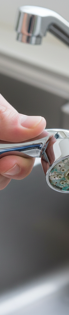 Hand unscrewing a mineral-clogged kitchen sink sprayer head over a stainless steel sink.