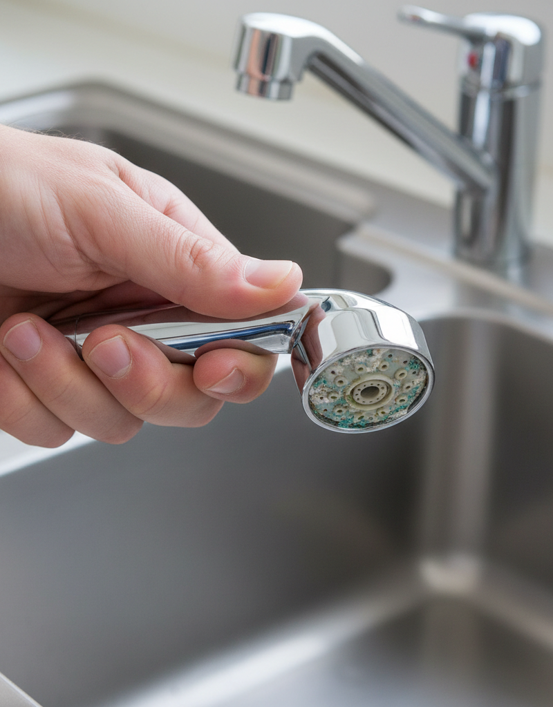 Hand unscrewing a mineral-clogged kitchen sink sprayer head over a stainless steel sink.