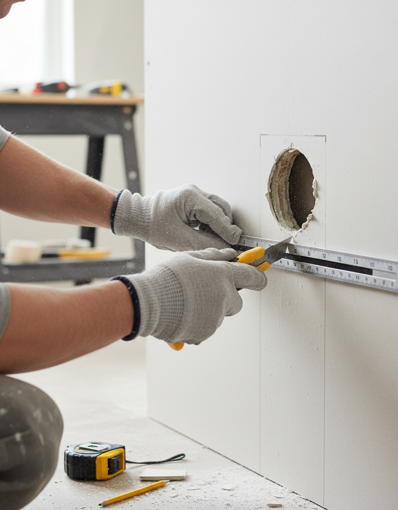Homeowner carefully cutting a rectangular outline around a large drywall hole with a utility knife and ruler.