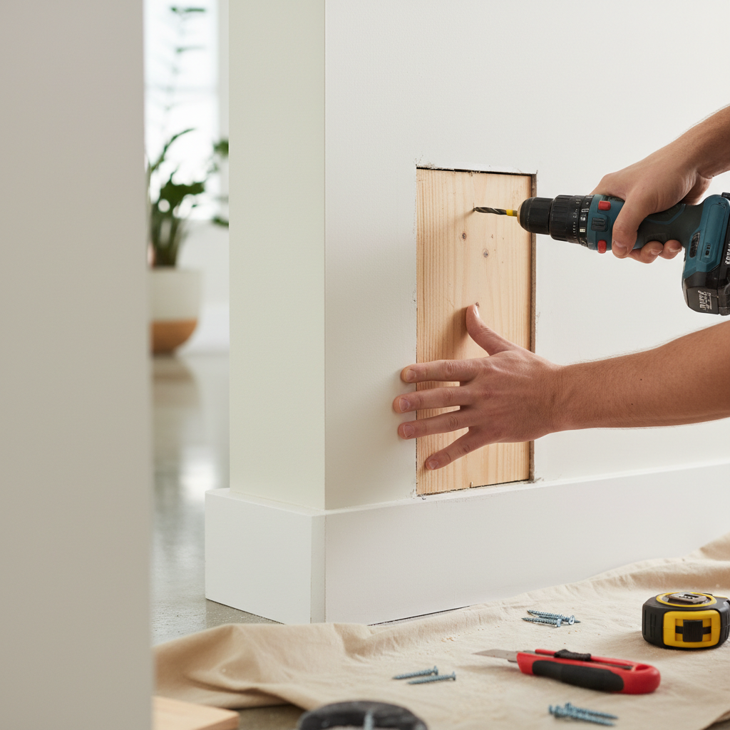 Homeowner installing wooden backer for large drywall hole repair, showcasing tools.