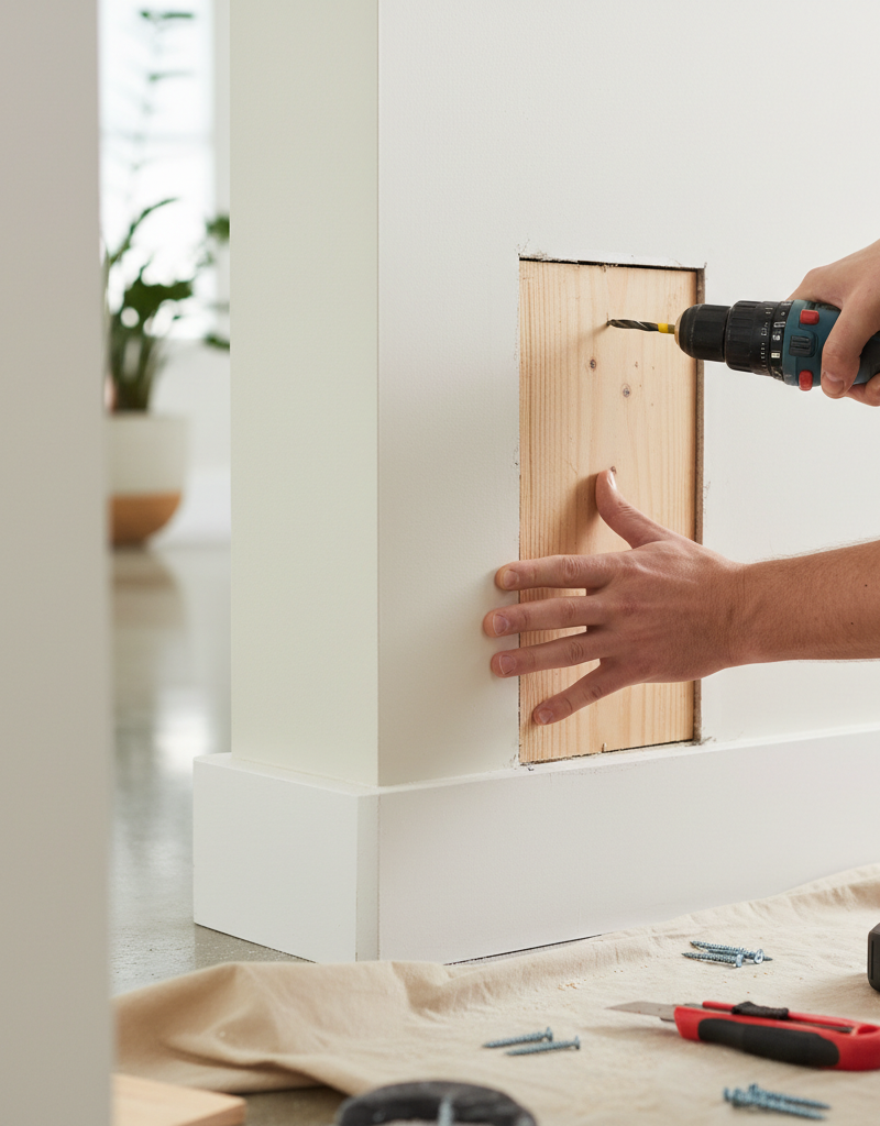 Homeowner installing wooden backer for large drywall hole repair, showcasing tools.