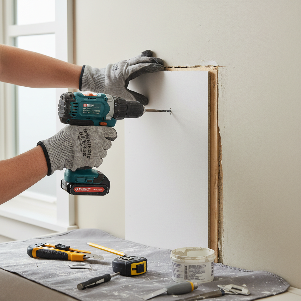 Homeowner repairing a large square drywall hole by screwing a new patch into wooden backing strips.
