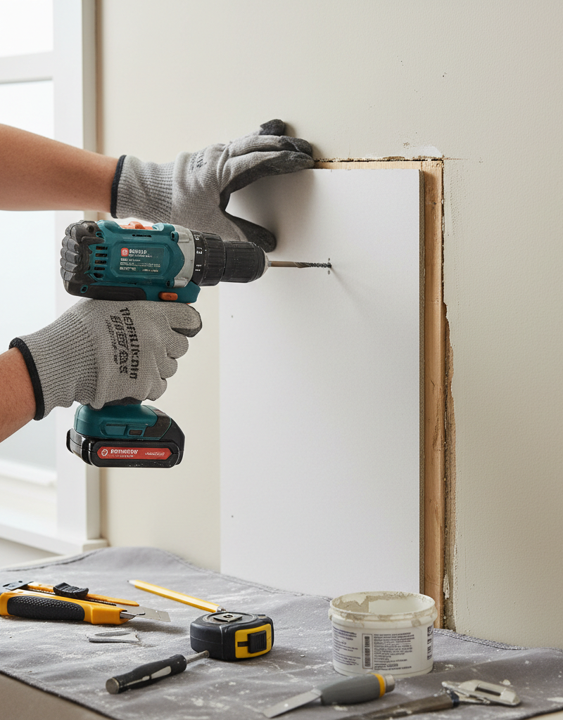 Homeowner repairing a large square drywall hole by screwing a new patch into wooden backing strips.