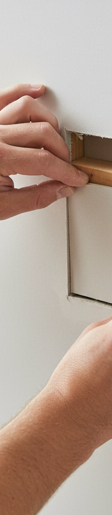 Homeowner installing a precisely cut drywall patch into a wall opening with wooden backing