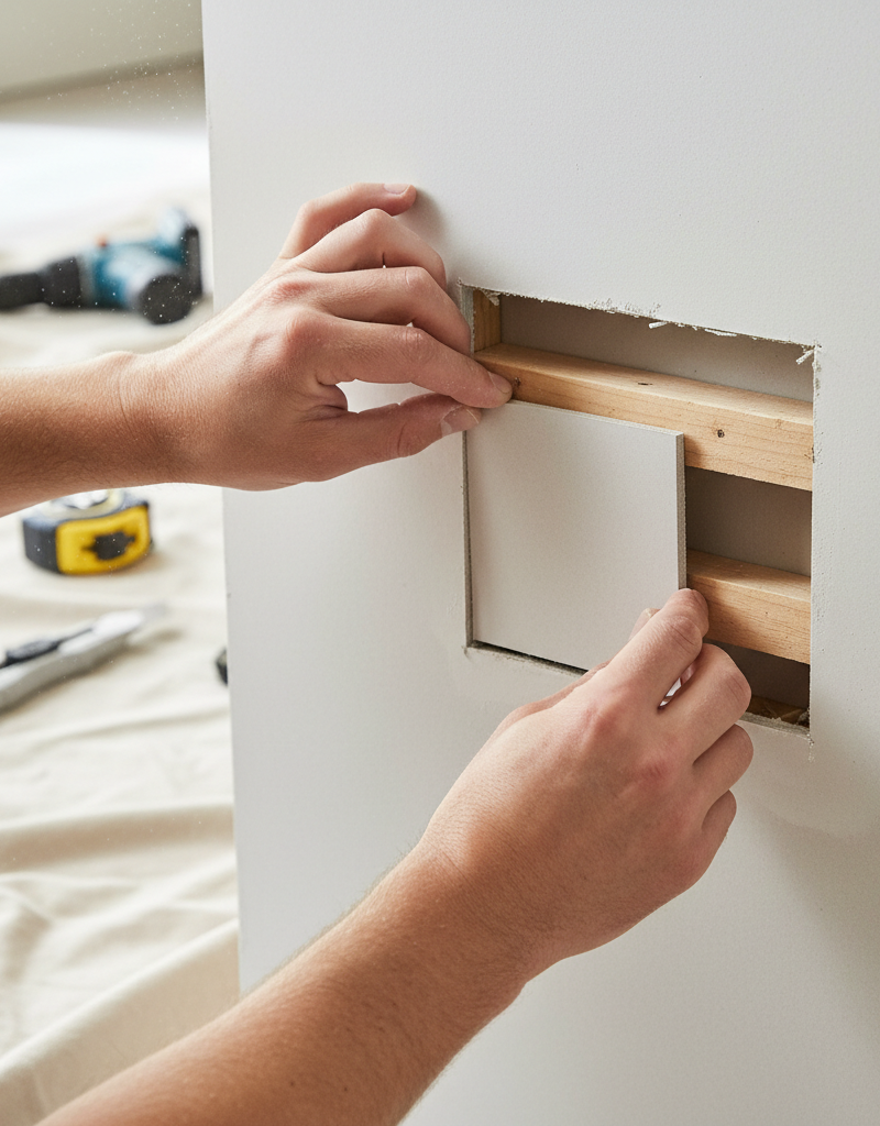 Homeowner installing a precisely cut drywall patch into a wall opening with wooden backing