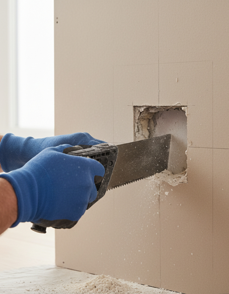 Person cutting a square around a large hole in drywall with a handsaw for patch repair.