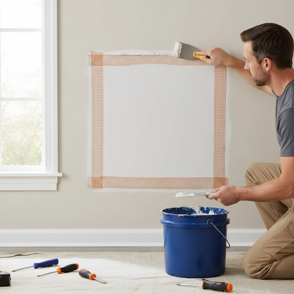 Homeowner applying joint compound over a newly patched large drywall hole with mesh tape.