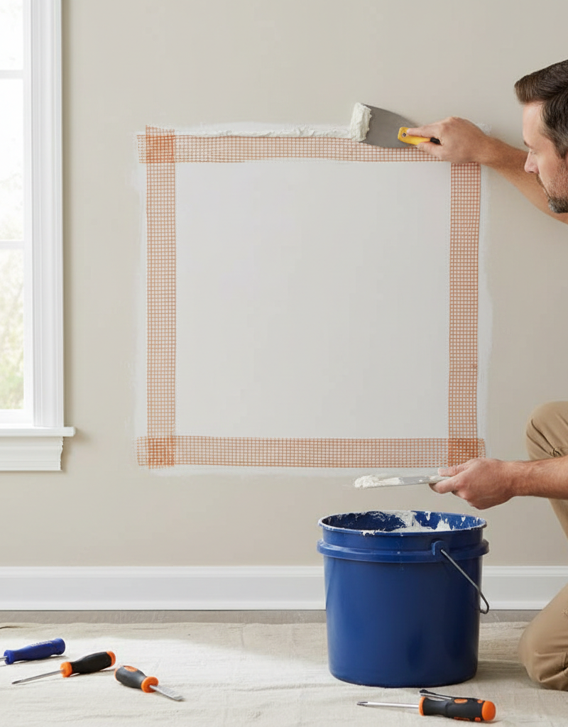 Homeowner applying joint compound over a newly patched large drywall hole with mesh tape.