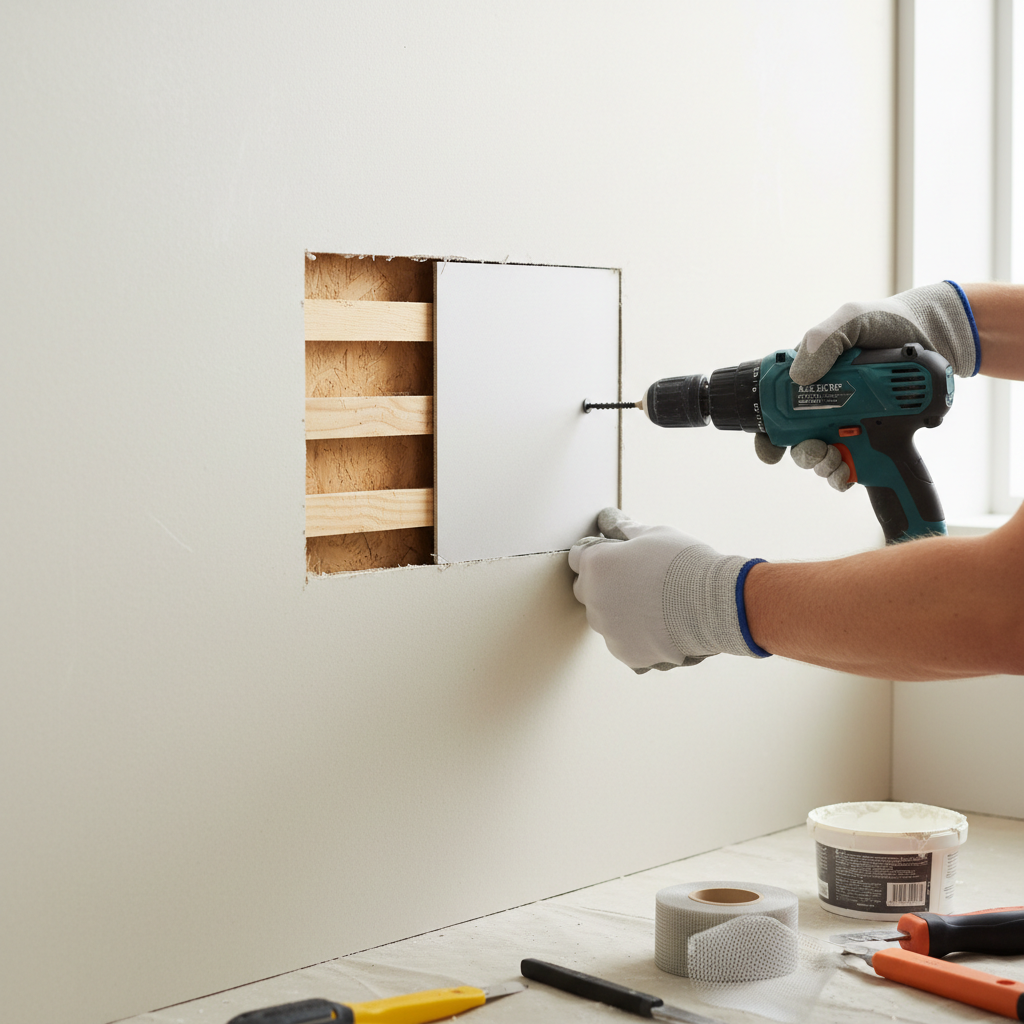 Homeowner repairing a large square hole in drywall with a new patch and screws, showing wood backer boards.