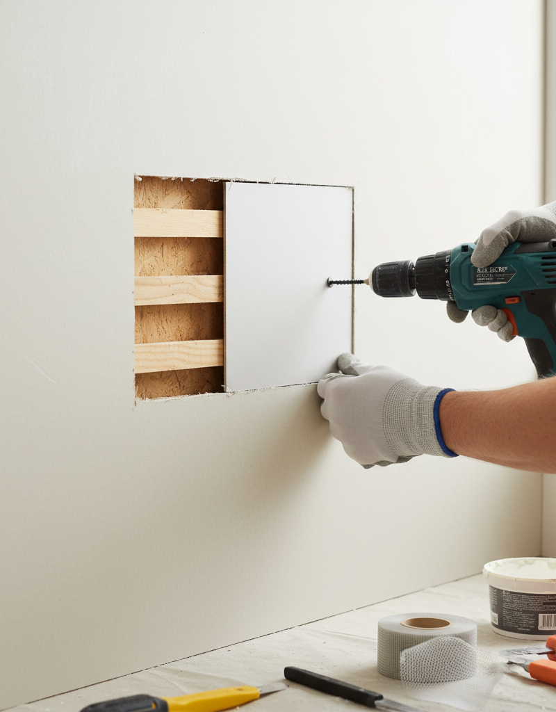 Homeowner repairing a large square hole in drywall with a new patch and screws, showing wood backer boards.