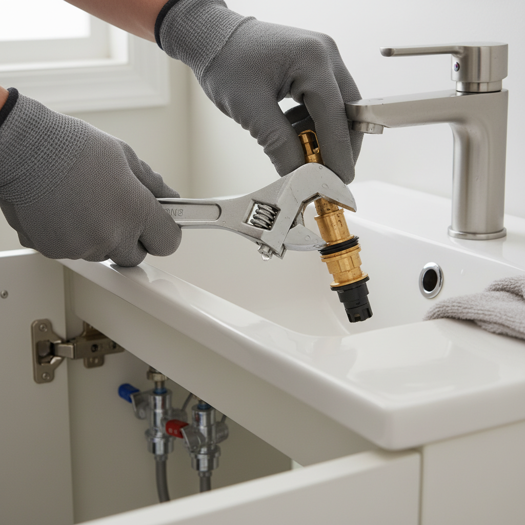 Homeowner repairing a leaky single-handle faucet by removing the cartridge with an adjustable wrench.