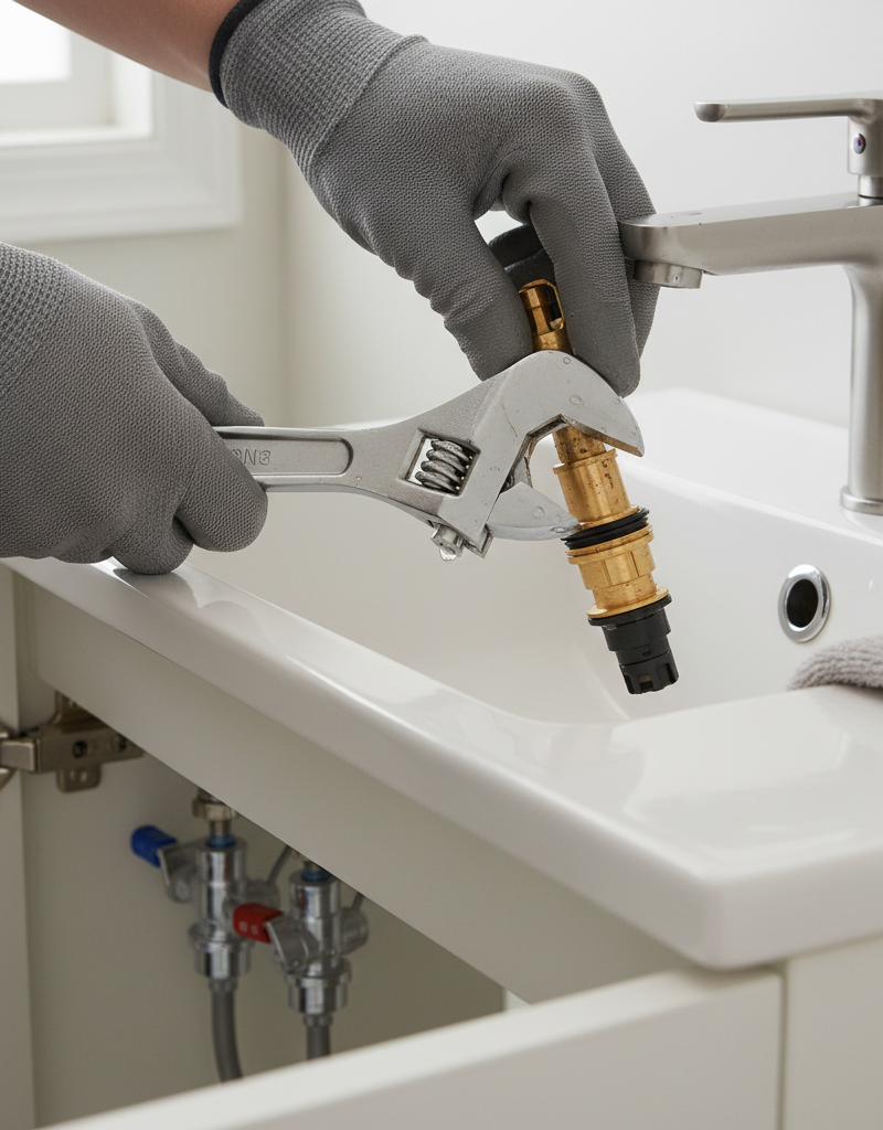Homeowner repairing a leaky single-handle faucet by removing the cartridge with an adjustable wrench.