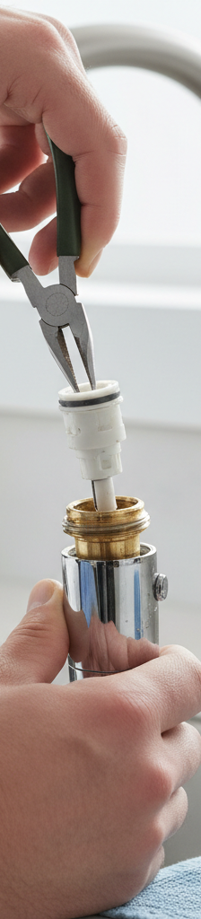 Homeowner's hands removing a worn cartridge from a single-handle kitchen faucet, detailed view of internal components.