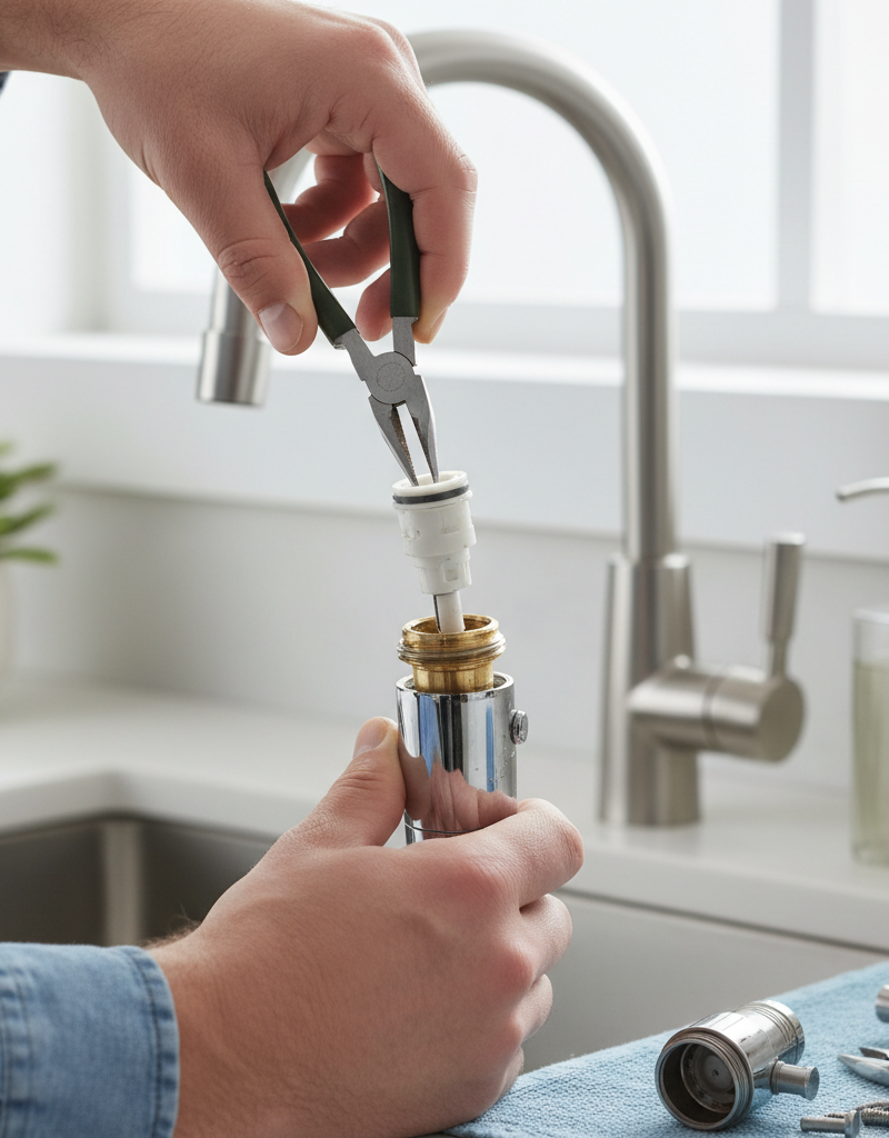 Homeowner's hands removing a worn cartridge from a single-handle kitchen faucet, detailed view of internal components.