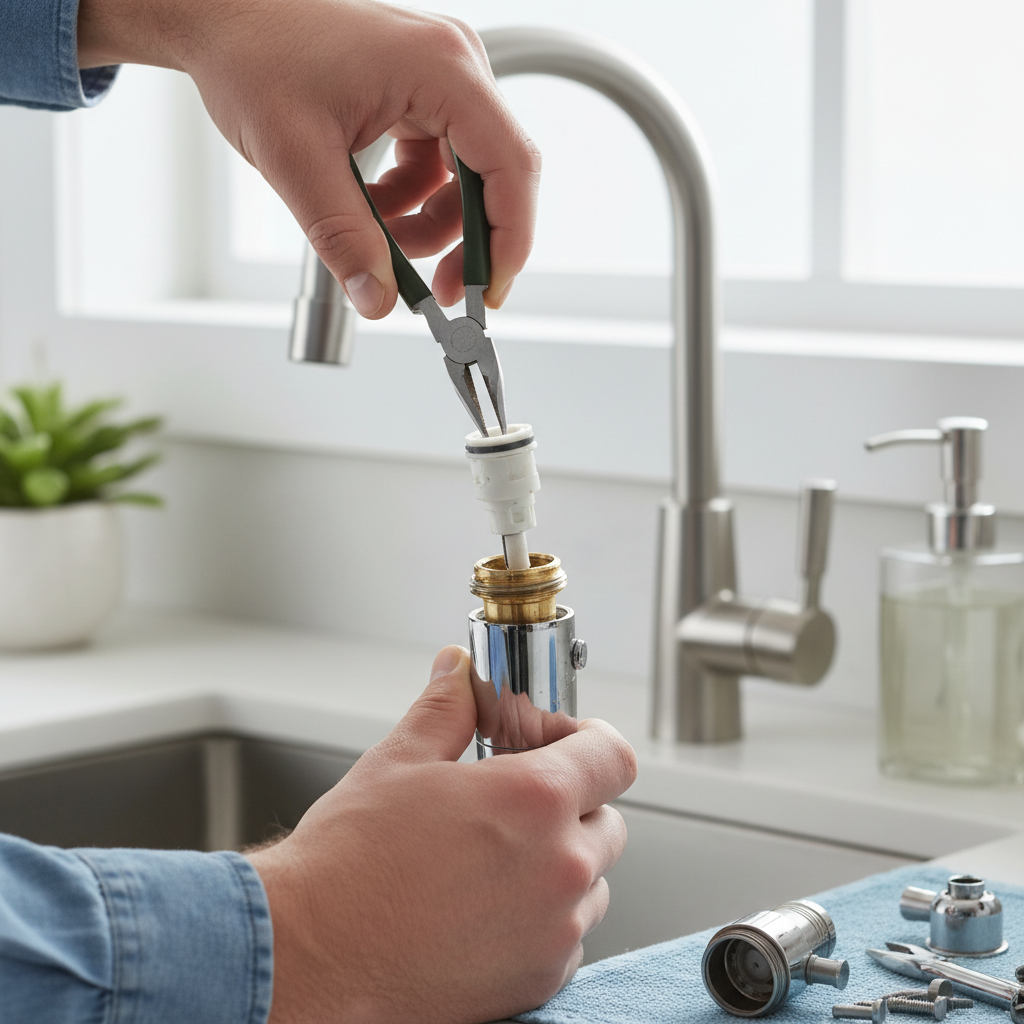 Homeowner's hands removing a worn cartridge from a single-handle kitchen faucet, detailed view of internal components.