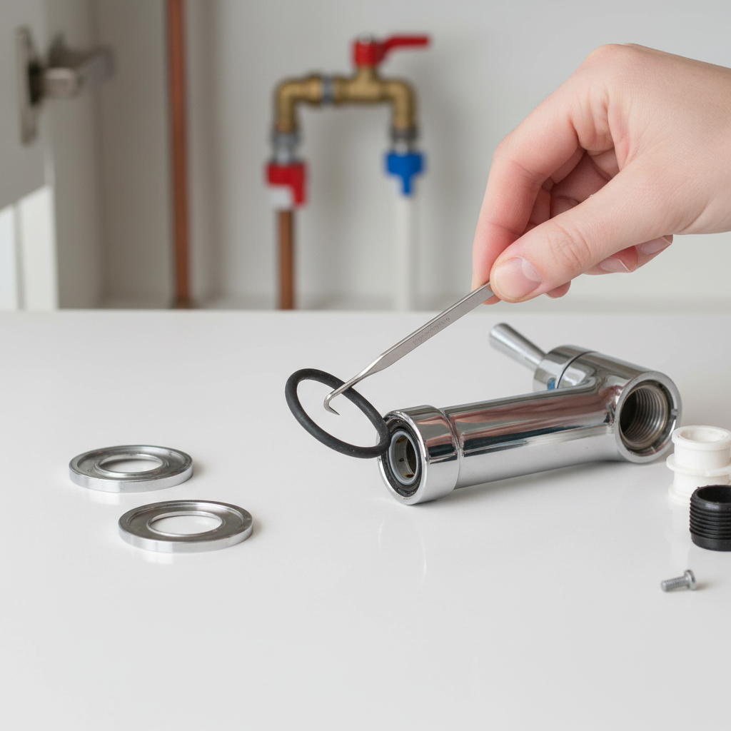 Homeowner repairing leaky single-handle kitchen faucet, removing O-ring with pick tool.