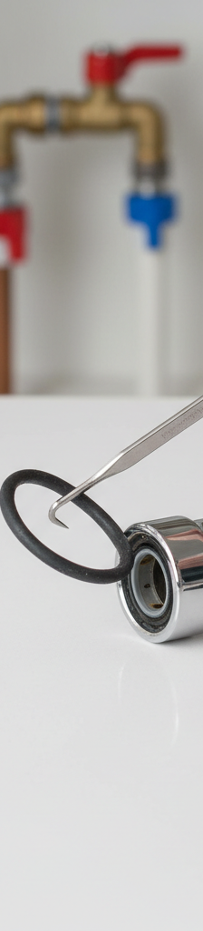 Homeowner repairing leaky single-handle kitchen faucet, removing O-ring with pick tool.