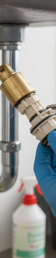 Hands wearing blue gloves removing a worn cartridge from a single-handle faucet for repair.