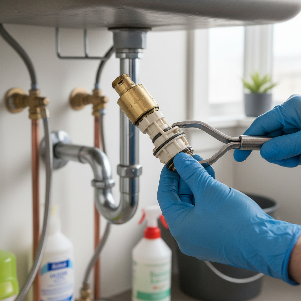 Hands wearing blue gloves removing a worn cartridge from a single-handle faucet for repair.