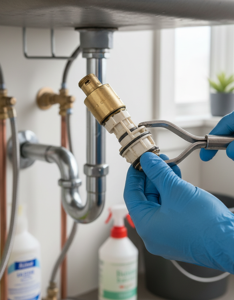 Hands wearing blue gloves removing a worn cartridge from a single-handle faucet for repair.