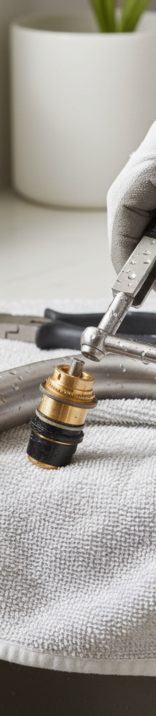 Homeowner's hands fixing a leaky single-handle faucet by replacing the internal cartridge in a kitchen sink.