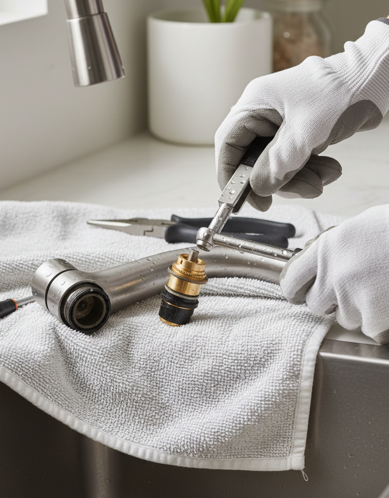 Homeowner's hands fixing a leaky single-handle faucet by replacing the internal cartridge in a kitchen sink.