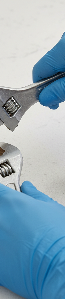 Homeowner repairing a single-handle faucet with a wrench, showing tools and new cartridge