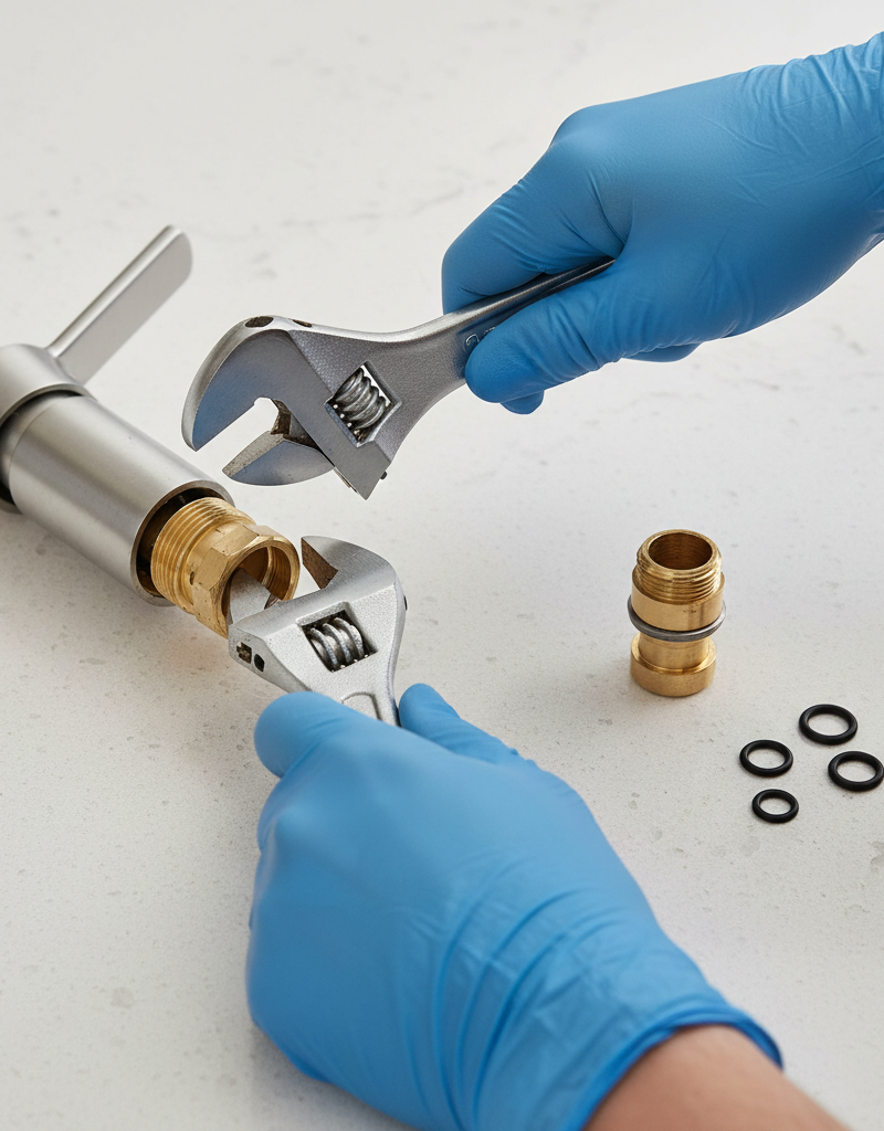 Homeowner repairing a single-handle faucet with a wrench, showing tools and new cartridge