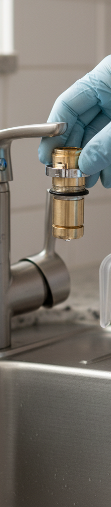 Homeowner repairing a single-handle kitchen faucet by replacing the internal cartridge to stop a leak.