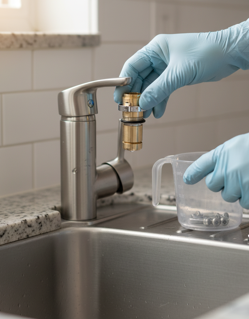 Homeowner repairing a single-handle kitchen faucet by replacing the internal cartridge to stop a leak.